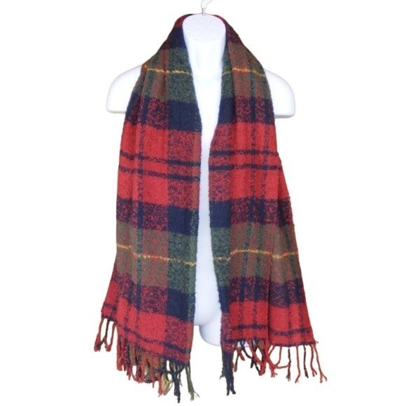 CHAPS Scarf, 65.5x20, Wide, Red, Blue, Green plaid, Fringe finish, Poly/Washable - Picture 1 of 4